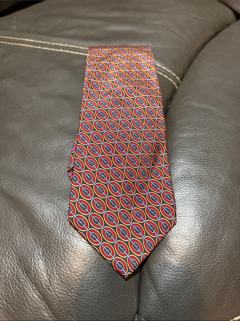 Men’s Red Patterned Tie with Blue & Gold Accents
